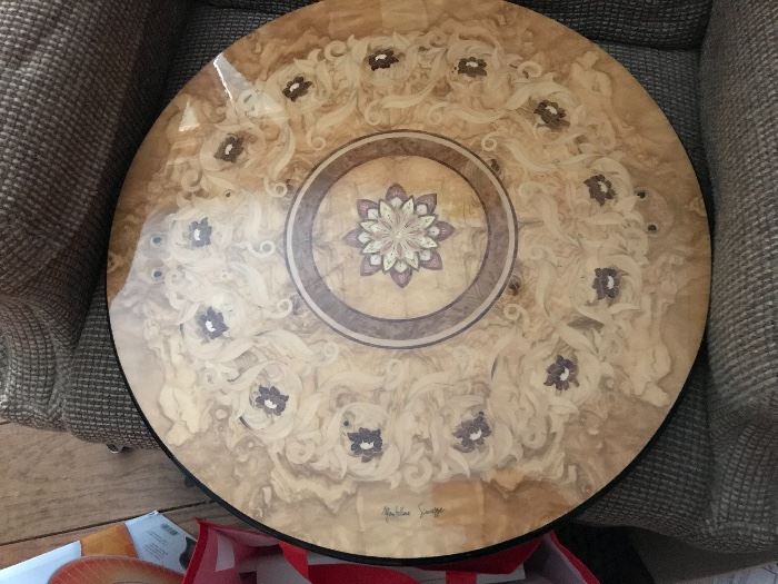 Beautiful inlaid wood rotating table top by Mastellone Giuseppe