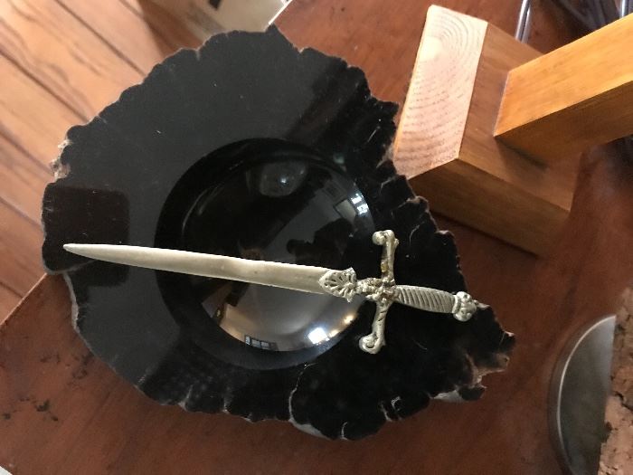 Onyx ashtray and mini pewter sword letter opener. 