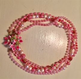 Vintage pink tone bead necklace with enamel flower clasp 