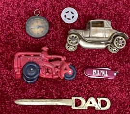 Vintage compass, good luck coin, brass car, vintage cast iron crash car, Pall Mall advertising mini knife, brass letter opener