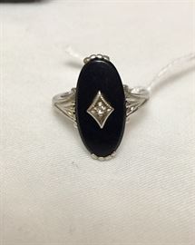Vintage sterling silver, onyx and diamond ring