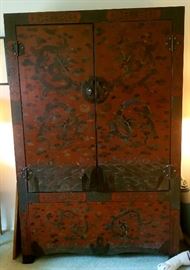 Terrific red laquer/painted and decorated large Chinese cabinet-over 6 ft tall