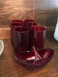 Vintage Red Glass Set & Basket