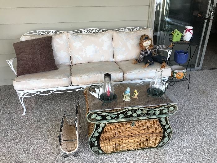 White Metal Patio Couch, Rattan Trunk Table & Magazine Rack, Vintage Black Metal Plant Stand