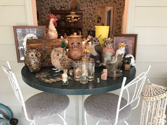 Collection of Owl Figurines & Items, Two White Metal Bar Stools