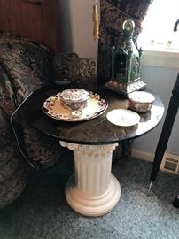 Column Pedestal End Table with Smoke Glass, Chinoiserie Items