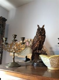 Brass Candelabra, Owl Figurine, Fan