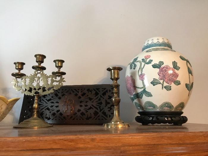 Brass Candelabra, Candle Stick, Chinoiserie Lidded Urn, Antique Lattice Box