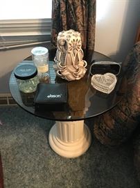 Column Pedestal End Table with Smoke Glass Top, Handmade Candle, Binoculars