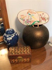 Ginger Pot, Vase, Paper Fans, Rattan Trinket Box