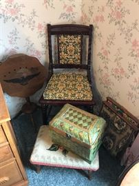 Tilt Top Table Americana Motif, Vintage Chair, Ottoman, Sewing/Magazine Holders, Rattan Box