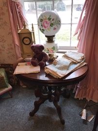 Victorian Occasional Table, Hurricane Lamp, Jewelry Box with Clock Face, Linens