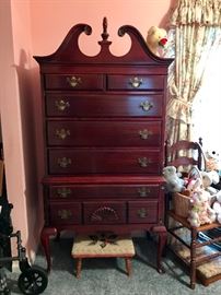 Queen Ann Style Chest of Drawer, Rush Seat Ladder Back Chair, Stuffed Animals