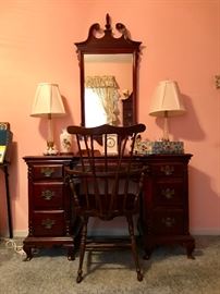 Queen Ann Style Mirror & Kneehole Desk, Windsor Chair