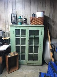 Vintage Cabinet, Antique/Vintage Lanterns, picnic Basket