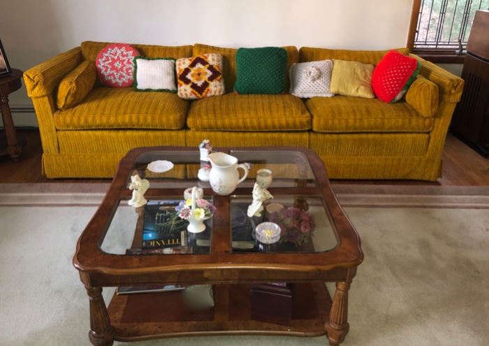 Retro mustard colored upholstered sofa & coffee table