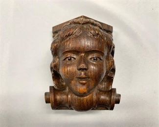 P13--small carved face, was part of a piece of furniture, prob 19th C, oak, looks English