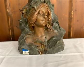 P0520--Art Nouveau metal bust of a lady, signed Caciase, 16" tall--$900