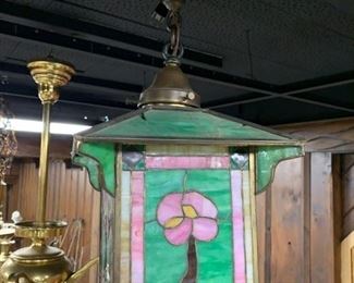 slag glass light fixture with a single bulb, pink and green--$400