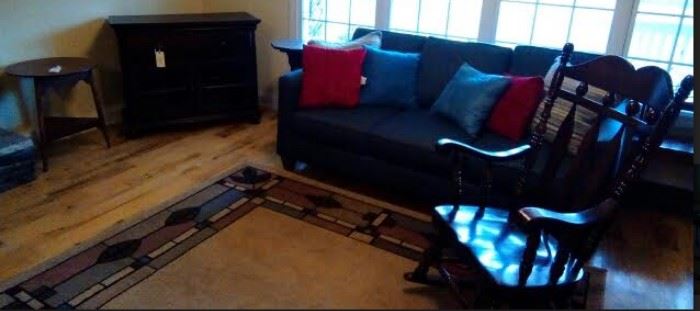 dark pine rocking chair - $50, TV cabinet, sofa $200, area rug