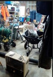 shop items - too much to list - priced to sell (kerosene heater, seed spreader, garden hose w/reel, etc)
