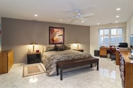 Room & Board Kingsize Headboard, mattress & fabric frame, King size leather bench (no night stands)