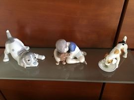 Grey Dog-Lladro, Boy-Bing & Grandahl. Dog&Saucer-Royal Doulton(repaired)