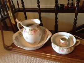 four piece set with basin, pitcher, vase & chamber pot
