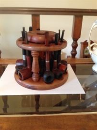 vintage pipe stand, duraglas humidor and pipes