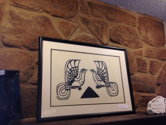 Walter Anderson framed block print "Doves"
