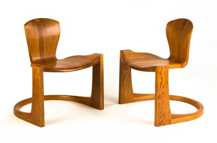Pair of Wendell Castle (American, 1932-2018) Stacked & Laminated Quarter Sawn Oak Chairs