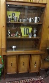 MIDCENTURY MODERN CHINA CABINET WITH PEWTER PIECES