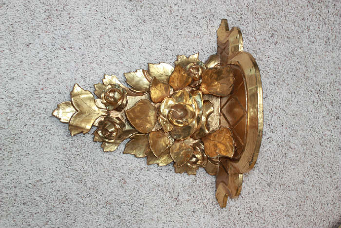 Colonial Mexican hand carved pair of Wood Gold Leaf Sconces - Shelves.  
18" Wide X 16" Long X 8" Deep $300 each