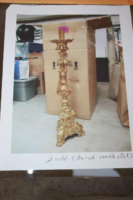 Pair of Candlesticks Wood with Gold Leaf, hand carved gilded candlesticks 
from the 1800's 64.5" X 24.5" Huge and Gorgeous.  Antique Spanish Colonial $3,000 for the pair