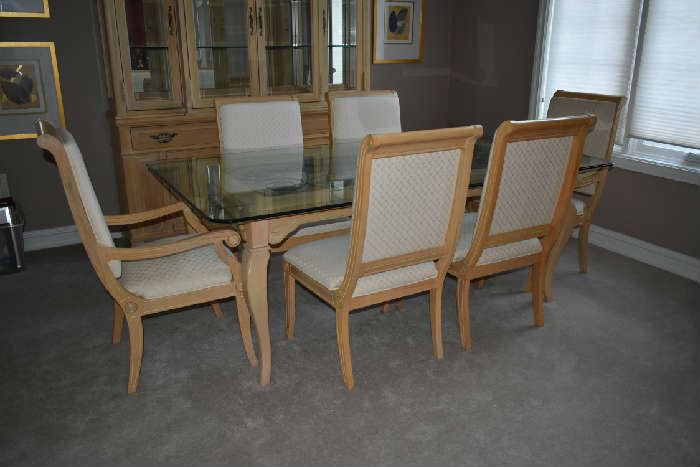 THOMASVILLE GLASS DINING TABLE W/6 CHAIRS 