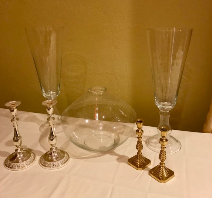 large glass vases, large art glass bowl, silver and brass candlesticks