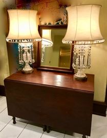 drop leaf table with lovely crystal lusters made into lamps