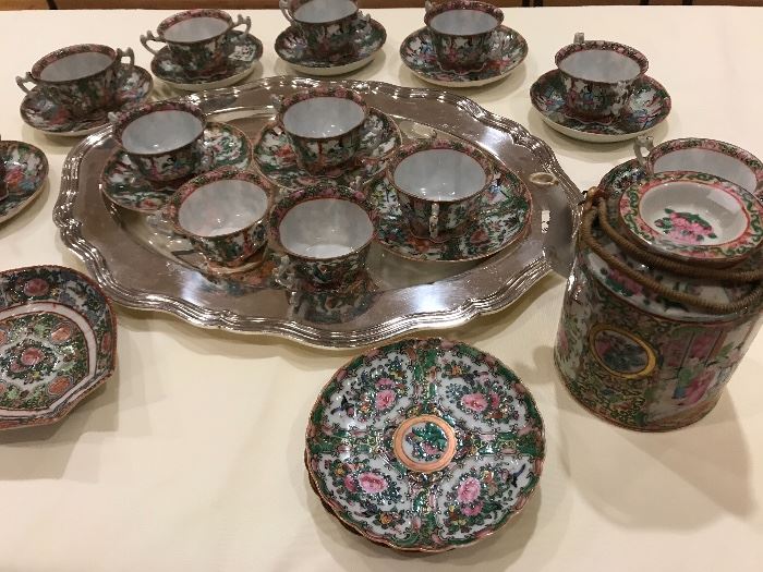 Rose Medallion porcelain bouillon cups and saucers