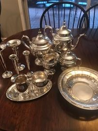 Sterling Gorham tea service, sterling trumpet vases, sterling bowl