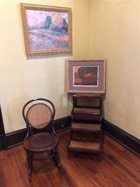 leather top mahogany library steps, youth rocker
Painting by Raggio and Zinnias at Sunset by George “Tommy” Thurmond