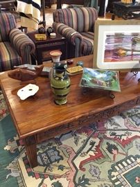 pair of Sherrill chairs, wood coffee table