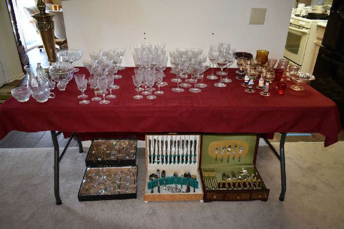 ETCHED FOSTORIA STEMWARE, FLATWARE SETS