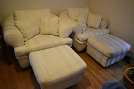2 STRIPED UPHOLSTERED CHAIRS W/OTTOMANS