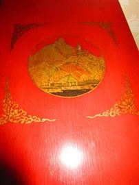 Detail of top of red lacquered chinoiserie tables