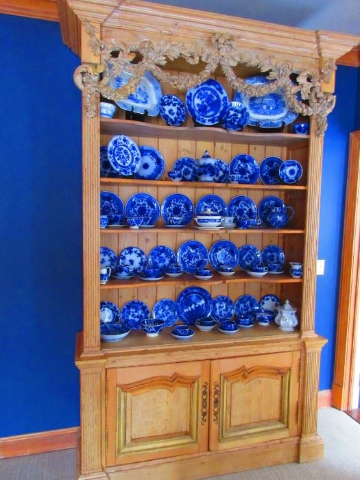 Early 19th century French cabinet and large collection of flow blue transferware