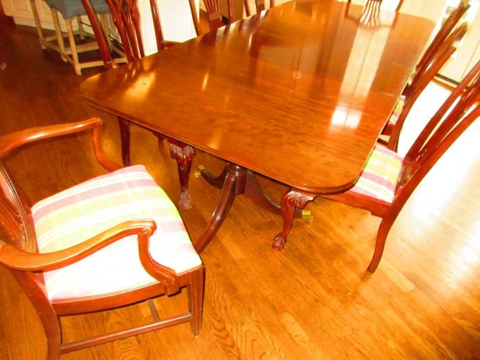 Double pedestal dining table and shield back chairs