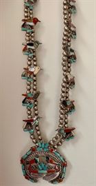 wonderful Native American sterling silver, turquoise, coral, and mother of pearl squash blossom necklace