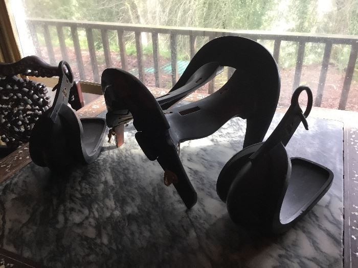Japanese Edo Period Samurai Saddle and Stirrups.
Bid item only. Please text in/email or show up in person @ the Estate sale and place a silent bid on this item.