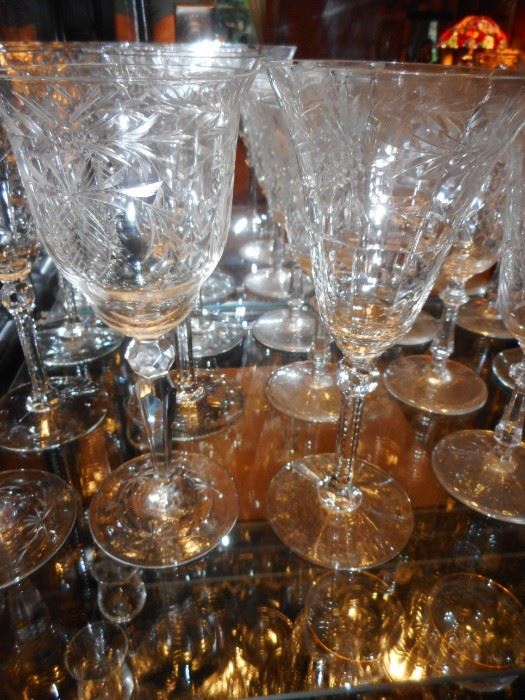 Vintage Crystal Etched Stemware. Wine, Water, Champagne 