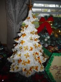 White Ceramic Christmas Tree with Butterflies Bulbs 